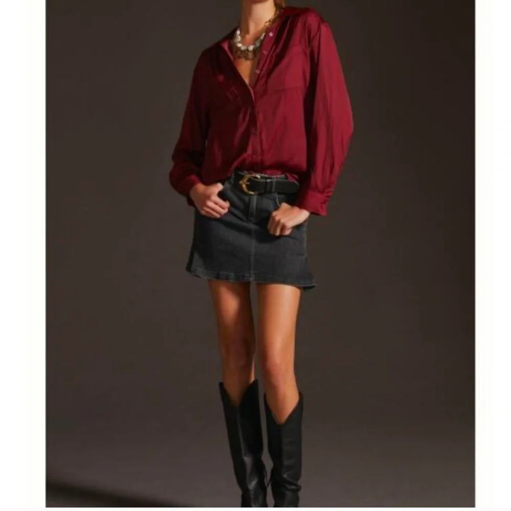 Anthropologie Burgundy Button Up Blouse Relaxed Fit Long Sleeve Pocket Top L